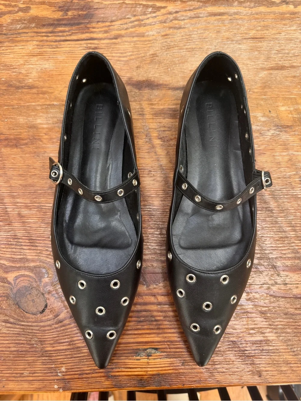 Free People Black Pointed Mary Jane Flats with Silver Eyelet Accents